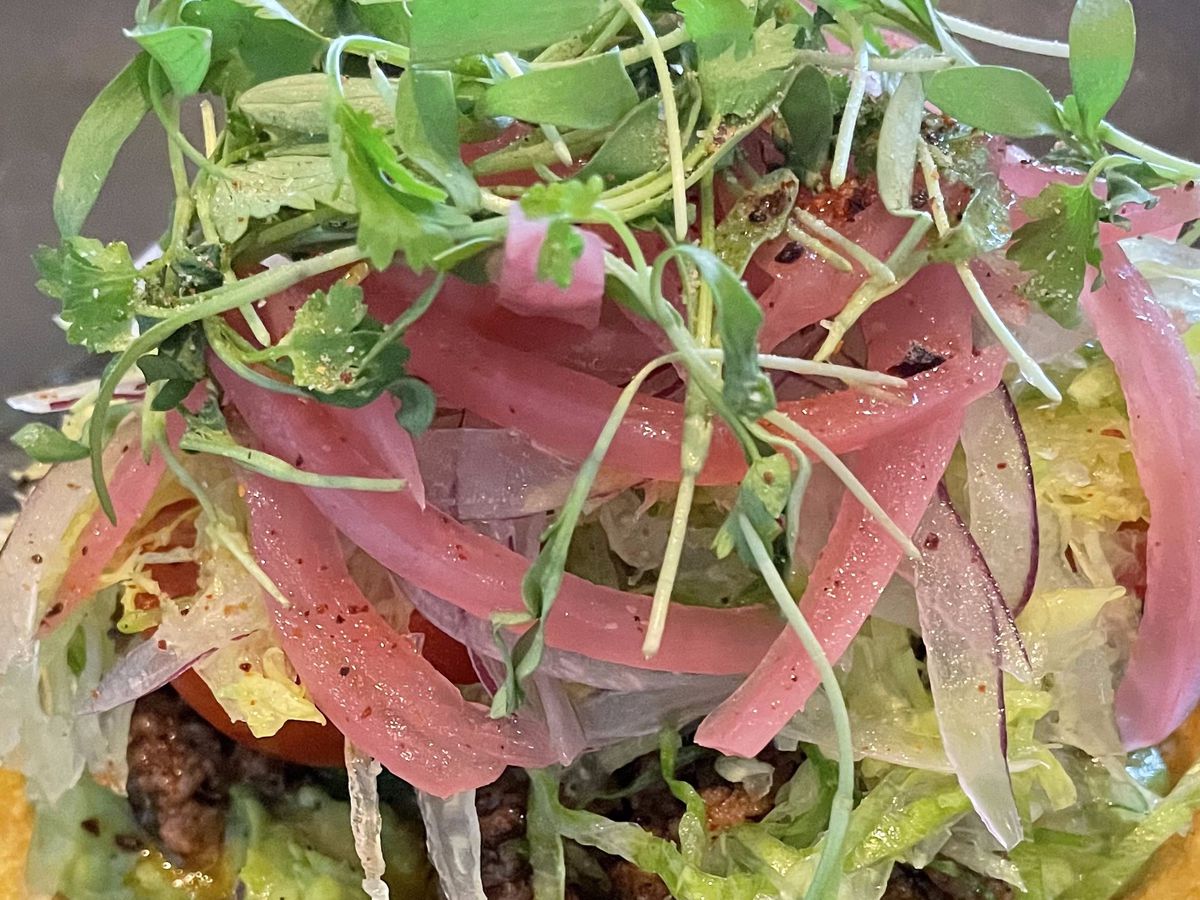 A tostada piled high with pickled onions and pea shoots on top. 