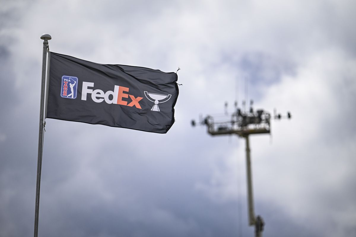 A PGA TOUR FedExCup flag flies during the third round of the Genesis Scottish Open at The Renaissance Club on July 15, 2023 in North Berwick, Scotland.