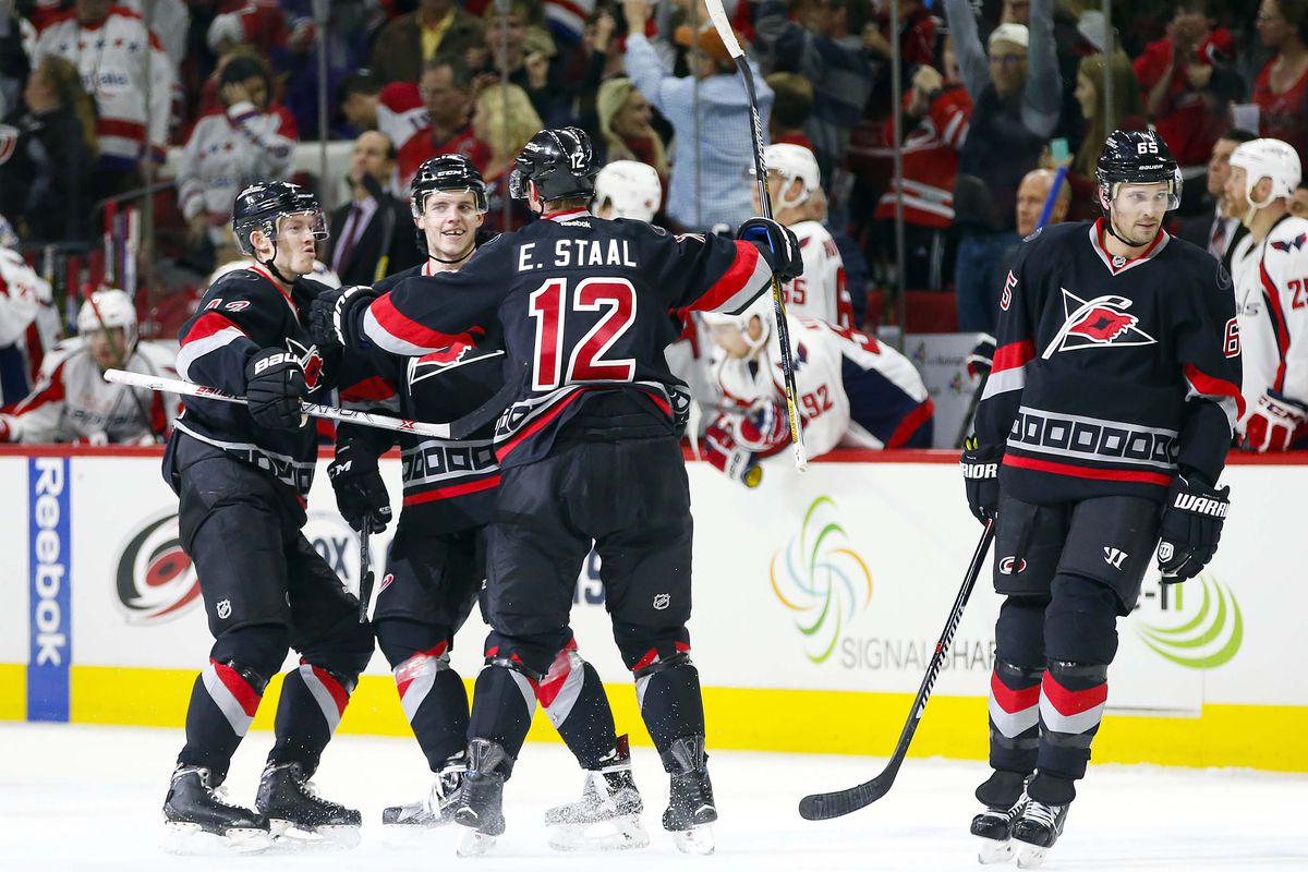 The Carolina Hurricanes celebrate an empty net goal at the end of their win over the Washington Capitals