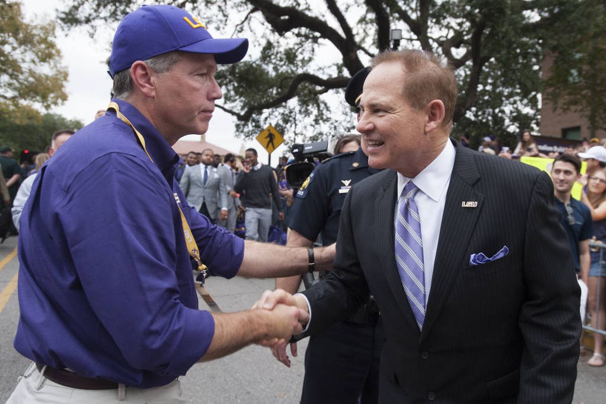 Les Miles and LSU President F. King Alexander before last Saturday's game vs A&M
