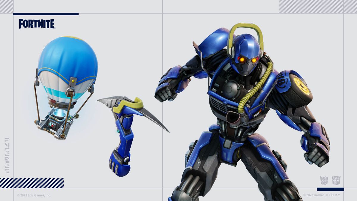 Artwork shows the Battle Bus robot and back bling and pickaxe from Fortnite
