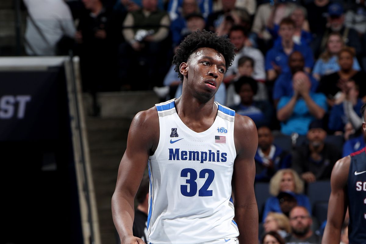 James Wiseman of the Memphis Tigers looks on against the South Carolina State Bulldogs during a game on November 5, 2019 at FedExForum in Memphis, Tennessee.