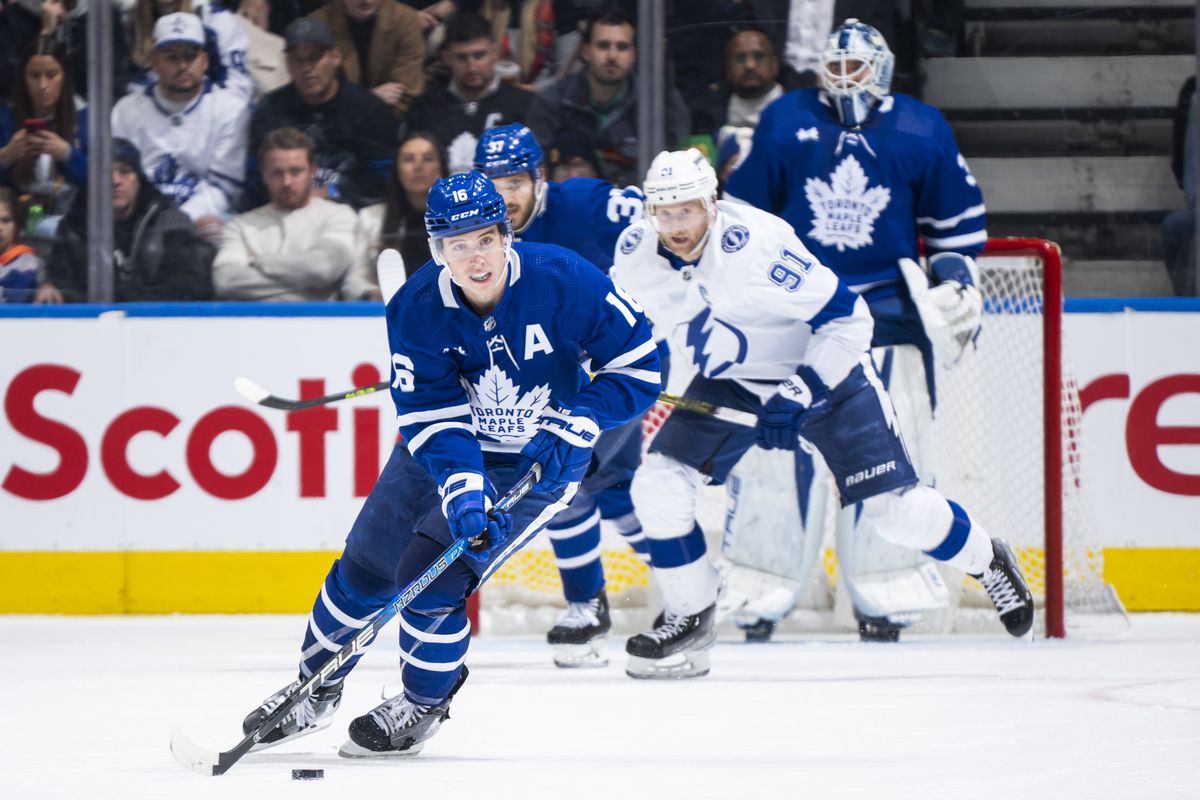 Mitchell Marner skates against the Tampa Bay Lightning during the third period at the Scotiabank Arena on December 20, 2022 in Toronto, Ontario, Canada.