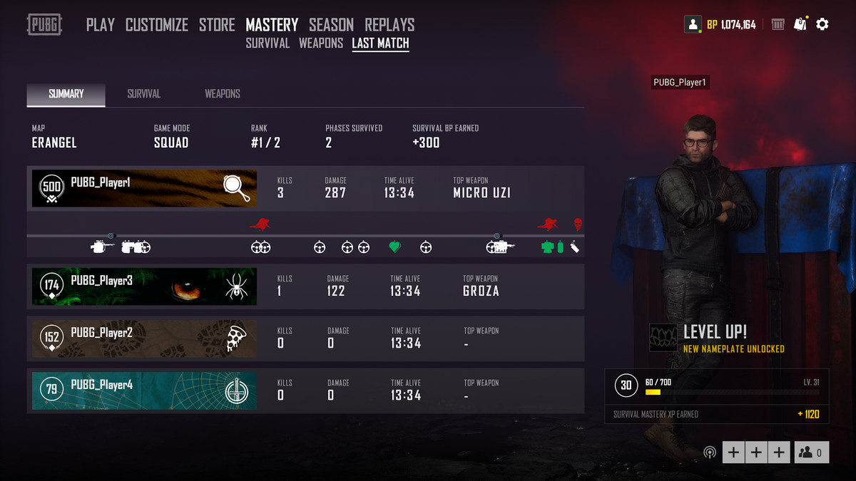 PUBG’s new match summary screen which features a timeline of events in the previous match