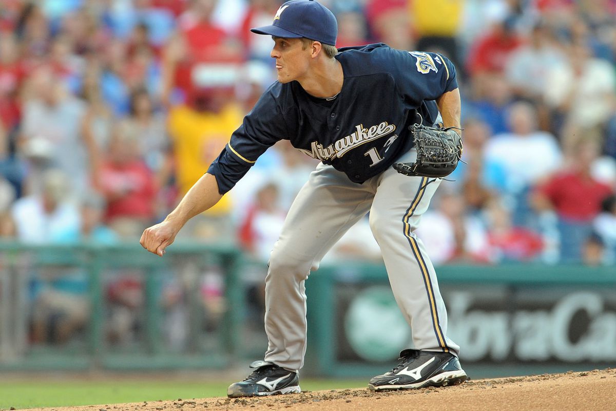 July 24, 2012; Philadelphia, PA USA; Milwaukee Brewers starting pitcher Zack Greinke (13) follows through during the game against the Philadelphia Phillies at Citizens Bank Park. Mandatory Credit: Eric Hartline-US PRESSWIRE