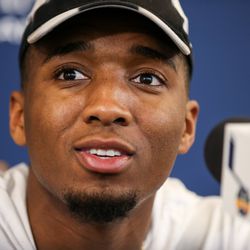Utah Jazz guard Donovan Mitchell talks to journalists at the Zions Bank Basketball Center in Salt Lake City on Wednesday, May 9, 2018.