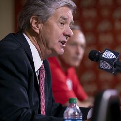 FILE - University of Utah director of athletics Chris Hill speaks at a press conference where he announced that the university will begin sponsoring men's lacrosse as an NCAA sport starting in 2018-19 at the university in Salt Lake City on Friday, June 16, 2017.