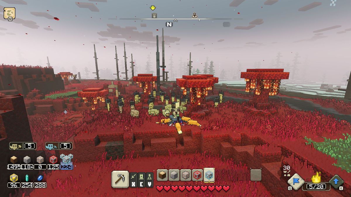 The hero is surrounded by an army of skeleton archers in Minecraft Legends