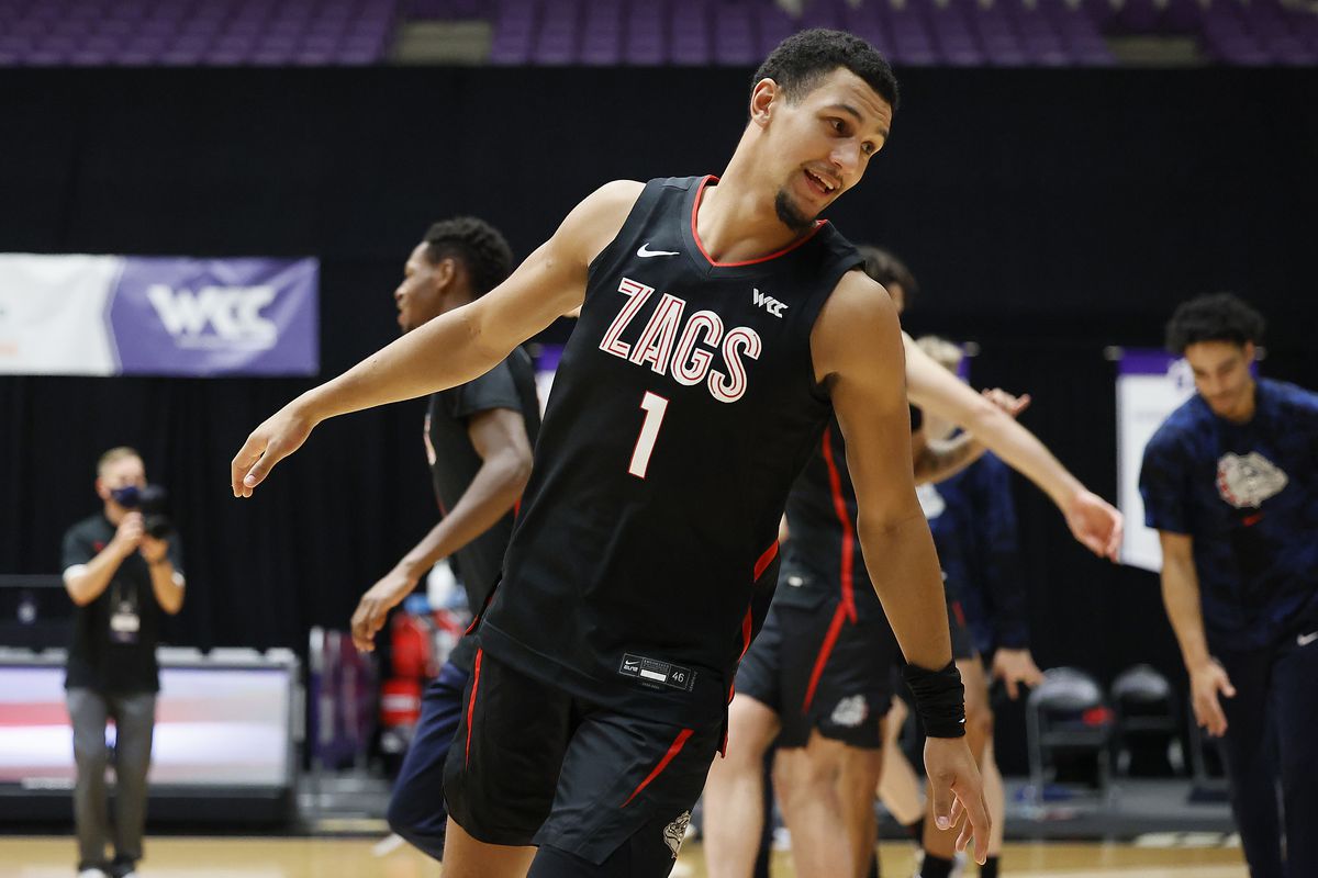 Jalen Suggs of the Gonzaga Bulldogs takes the floor during player introductions prior to a game against the Portland Pilots at Chiles Center on January 09, 2021 in Portland, Oregon.