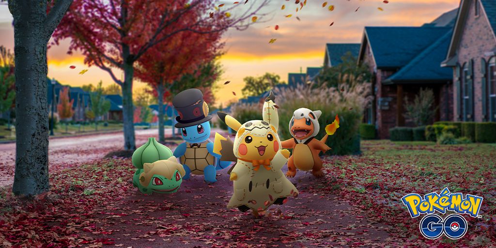 Pikachu, Bulbasaur, Squirtle, and Charmander walk around a neighborhood while dressed as Mimikyu, Shedinja, Yamask, and Cubone, respectively.
