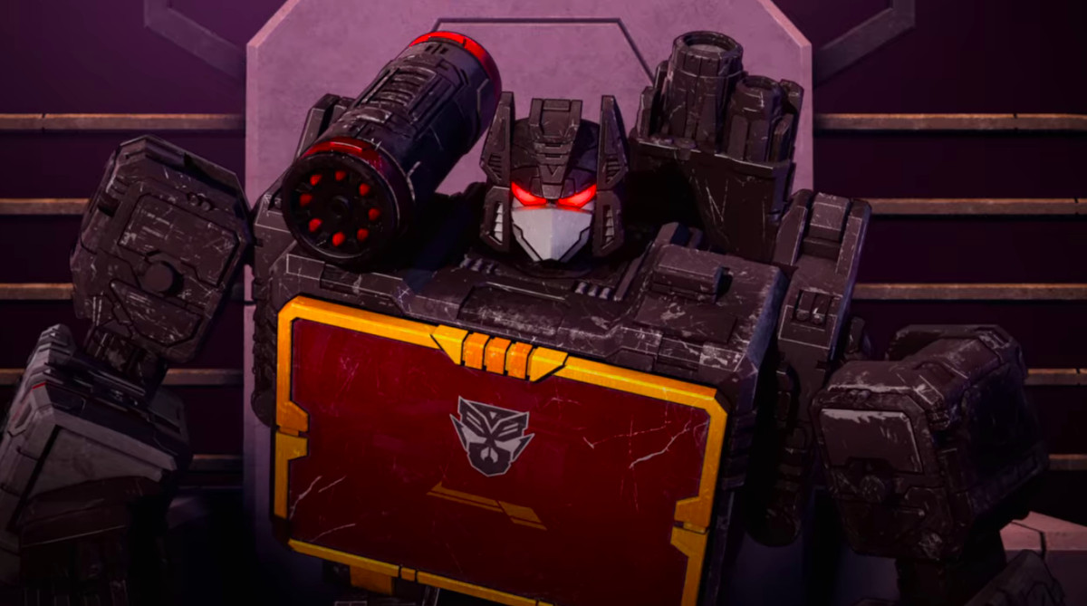 Soundblaster with Mercenaries sigil on his chest in Transformers: War for Cybertron