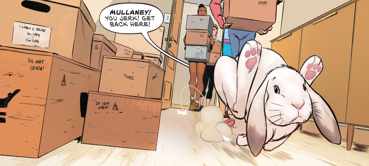 A white rabbit with lop ears hops swiftly into Wonder Woman’s apartment, past several Amazons carrying moving boxes. A voice shouts “Mullaney! You jerk! Get back here!” in Wonder Woman #759, DC Comics (2020). 