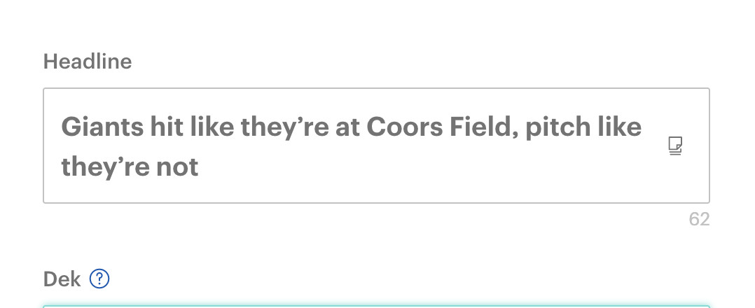 Screenshot of the headline, “Giants hit like they’re at Coors Field, pitch like they’re not”