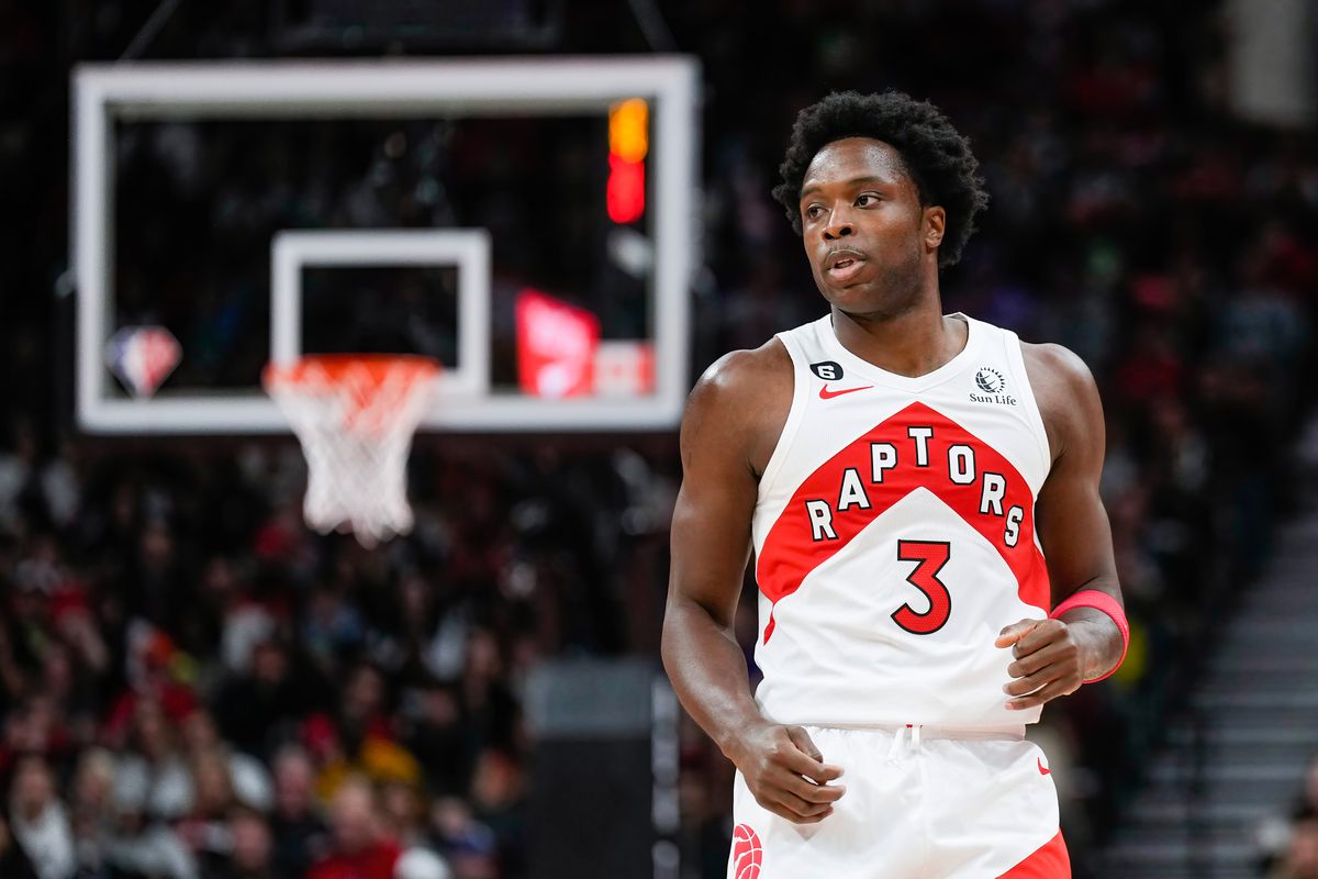 &nbsp;Toronto Raptors forward OG Anunoby (3) looks on against the Chicago Bulls during the first half at Scotiabank Arena.
