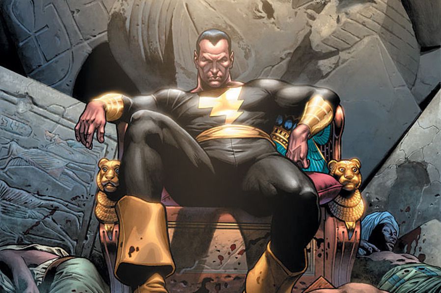 Black Adam, musuh bebuyutan Shazam, bersandar di singgasana, dikelilingi oleh tubuh, di sampul 52 #45, DC Comics (2007).