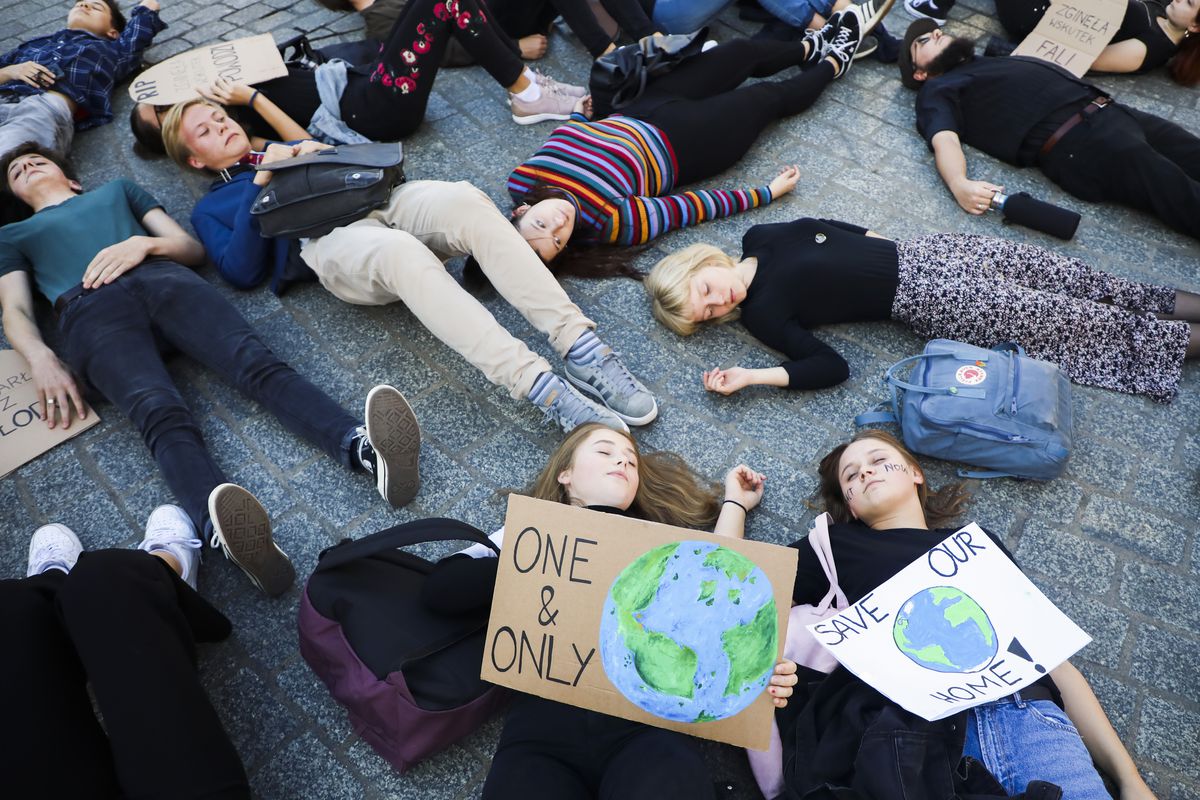 Teenagers at a climate protest in Krakow, Poland, on October 14, 2019