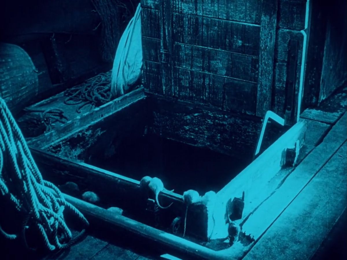 A door on a boat covered with rats in Nosferatu