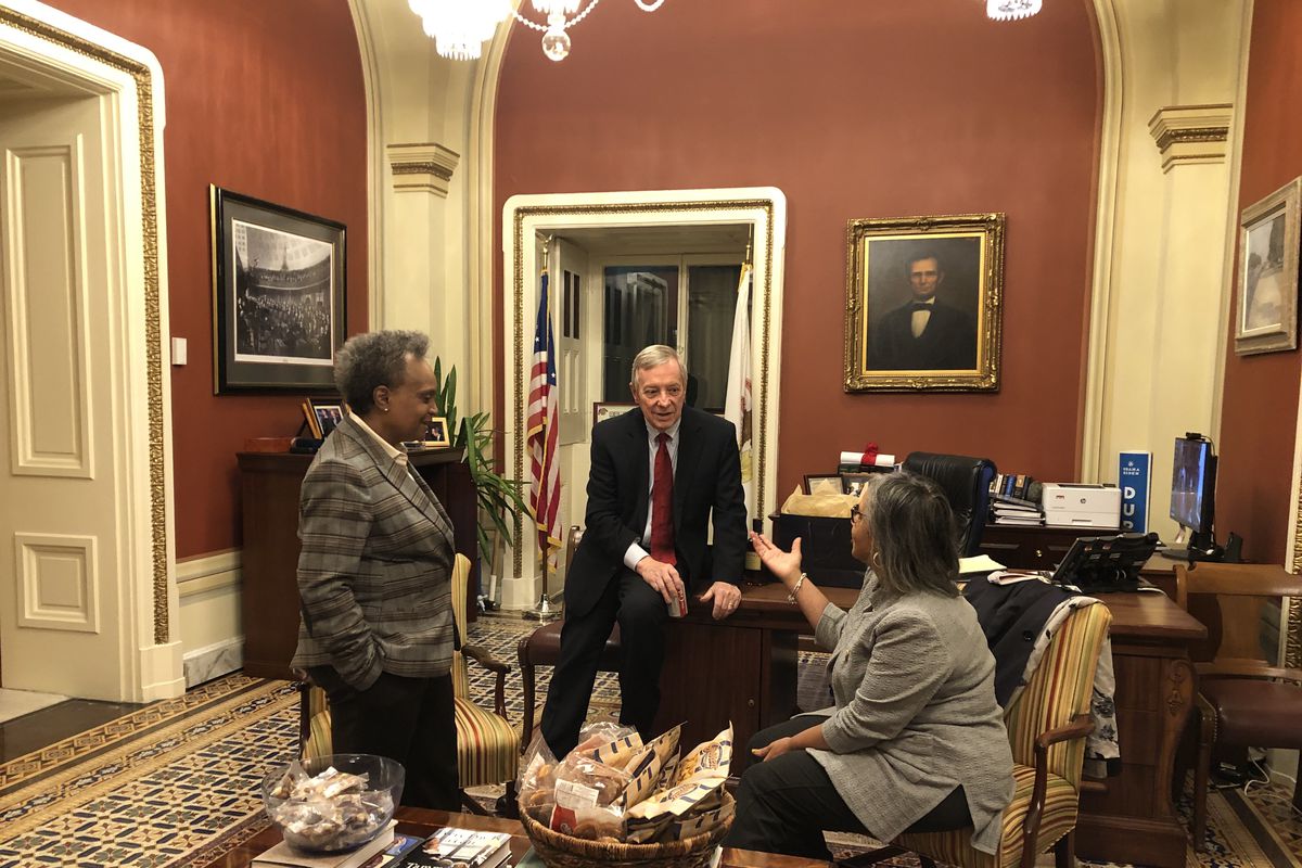 Mayor Lori Lightfoot on Tuesday met with Illinois congressional delegation members in the Capitol office of Sen. Dick Durbin (center) and Rep. Robin Kelly (right).
