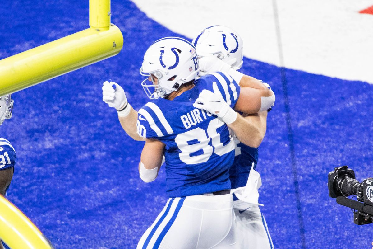 Indianapolis Colts tight end Trey Burton (80) celebrates his touchdown with teammates in the first half against the Green Bay Packers at Lucas Oil Stadium.