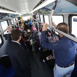 People ride the Electric Express, a zero-emission bus, in Park City on Tuesday, Jan. 17, 2017. Park City Transit will operate the Proterra Catalyst electric bus during the Sundance Film Festival.