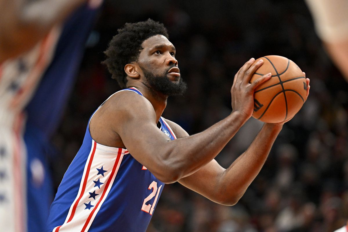 Joel Embiid of the Philadelphia 76ers shoots a free throw during the fourth quarter against the Portland Trail Blazers at the Moda Center on January 19, 2023 in Portland, Oregon. The Philadelphia 76ers won 105-95.&nbsp;