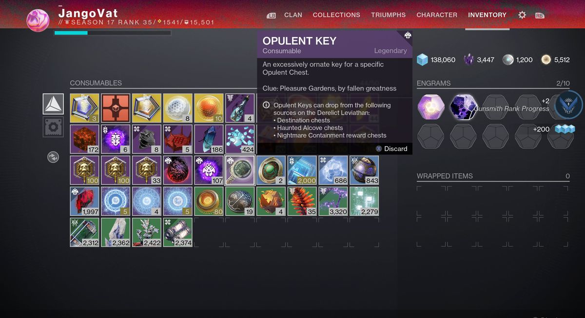 An Opulent Key in a Guardian’s inventory in Destiny 2: Season of the Haunted