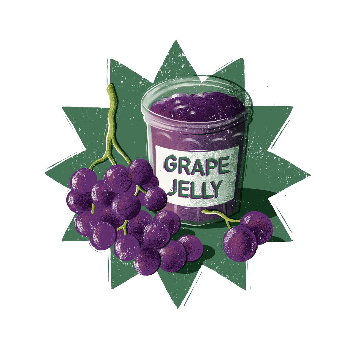 An illustration of grape jelly next to a bunch of grapes.