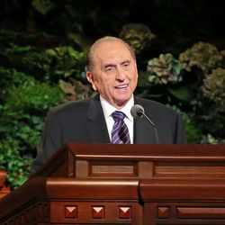 Thomas S. Monson, President of the Church of Jesus Christ of Latter-day Saints, is animated during his talk in the morning session of the 183rd Semiannual General Conference of the Church of Jesus Christ of Latter-day Saints Sunday, Oct. 6, 2013, in Salt Lake City.