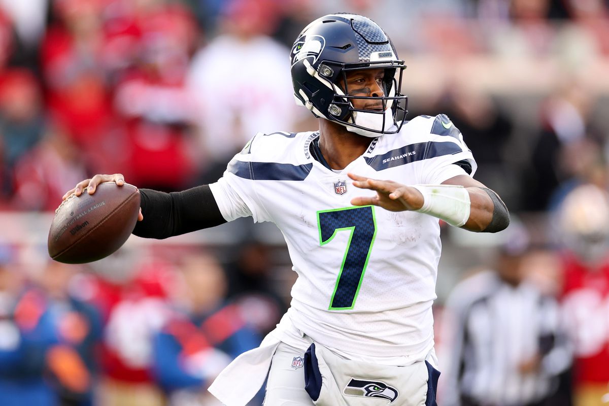 SANTA CLARA, CALIFORNIA - JANUARY 14: Geno Smith #7 of the Seattle Seahawks throws a pass against the San Francisco 49ers during the first half of the game in the NFC Wild Card playoff game at Levi’s Stadium on January 14, 2023 in Santa Clara, California.