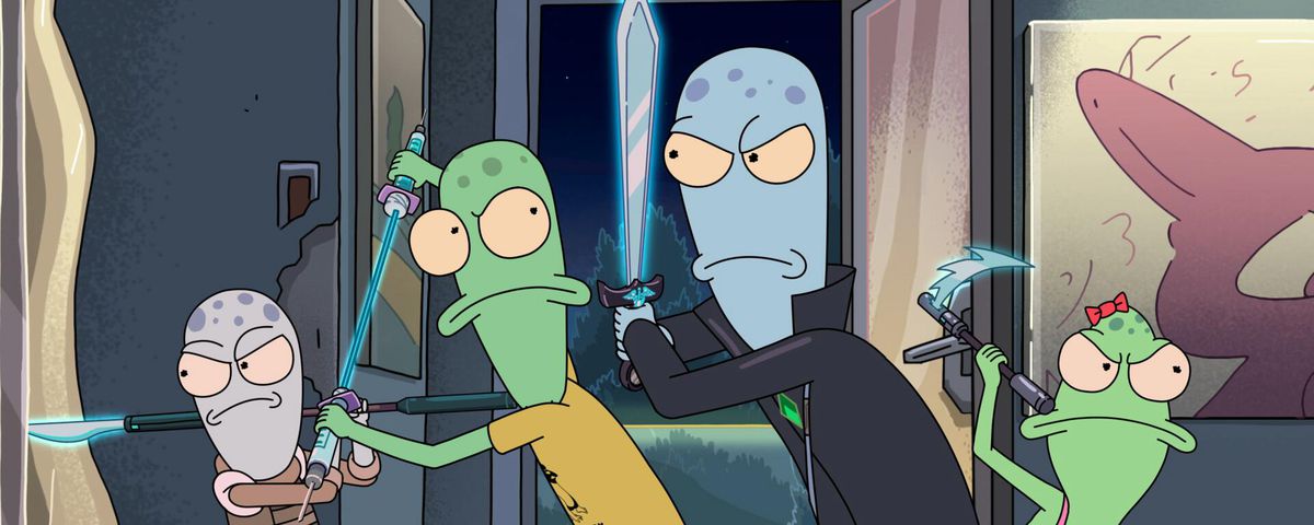 The four bald, spotty-headed, blue and green animated alien protagonists of Solar Opposite stand together in an action pose, holding glowing weapons.