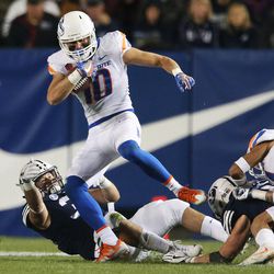 Boise State Broncos safety Kekoa Nawahine (10) intercepts the ball from BYU in Provo on Friday, Oct. 6, 2017.