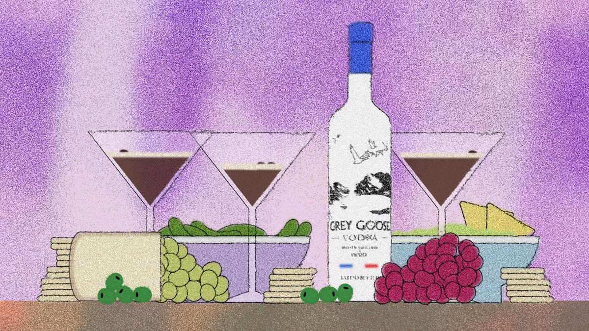 An illustration of espresso martinis, a cheese board, and a bottle of Grey Goose vodka.