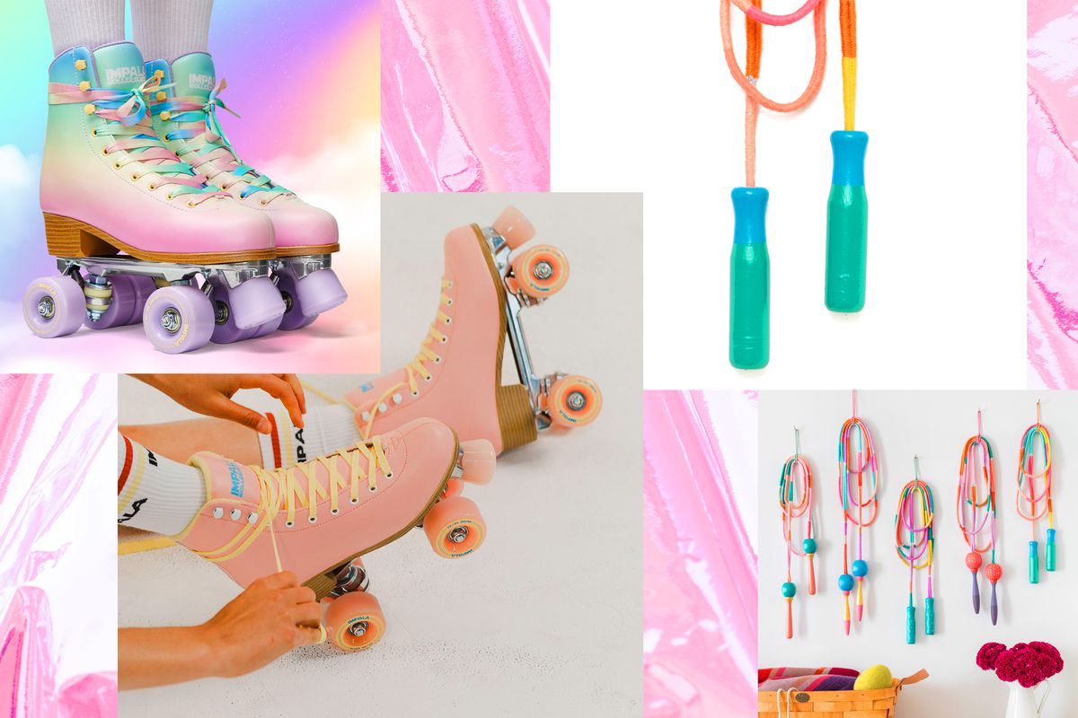 Retro roller skates in an iridescent gradient and fiber-wrapped jumpropes with painted wood handles.