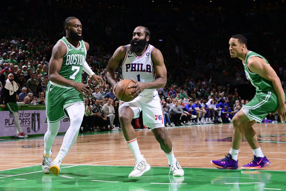 James Harden of the Philadelphia 76ers drives to the basket during the game against the Boston Celtics during the Eastern Conference Semi-Finals of the 2023 NBA Playoffs on May 14, 2023 at the TD Garden in Boston, Massachusetts.