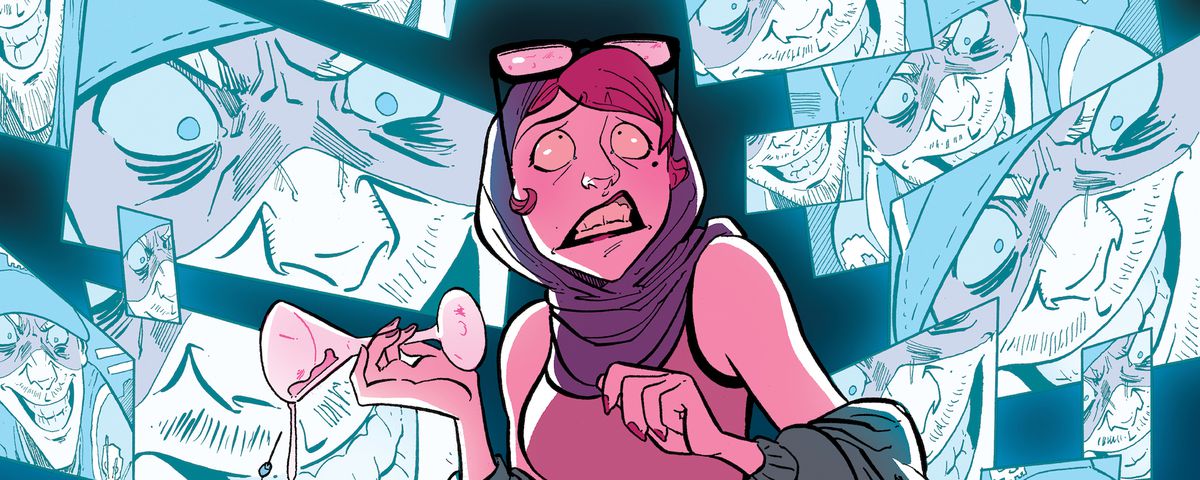 Charlie Ellison clutches a spilling martini glass as she is menaced by a grinning streamer’s face, multiplied across dozens of screens, in art from Crowded, Vol. 1, Image Comics, (2019).