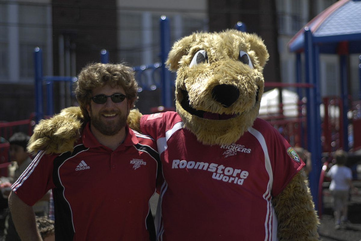 This is what the drunk Kickers mascot looks like in the wild. Hunter and Kickaroo from The Richmond Kickers. Photo by Dave Center, licensed CC-BY, http://flic.kr/p/7ZCiKq