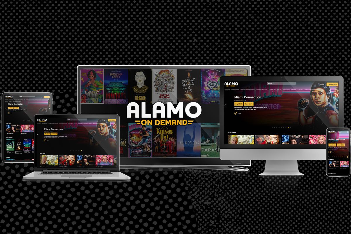 A promotional image for Alamo On Demand, featuring five screens.