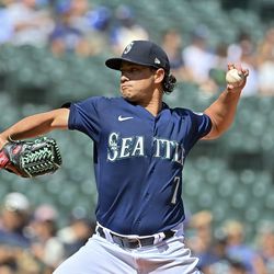 SEATTLE, WASHINGTON - AUGUST 25: Marco Gonzales #7 of the Seattle Mariners throws a pitch during the first inning against the Cleveland Guardians at T-Mobile Park on August 25, 2022 in Seattle, Washington.