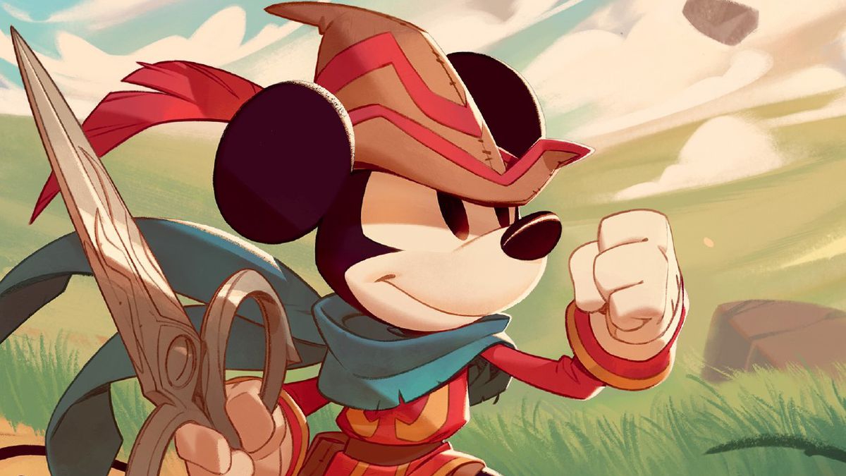 Disney Lorcana card for Mickey Mouse, as shown in the D23 exclusive collector’s edition card. He’s holding a scissor.
