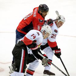 Ovechkin Tries to Get Through Greening and Neil