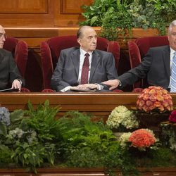 President Thomas S Monson with his councilors, President Henry B Eyring, left and President Dieter F. Uchtdorf, right, sit on the stand for the Saturday morning session of the 183rd Semiannual General Conference for the Church of Jesus Christ of Latter-day Saints Saturday, Oct. 5, 2013 inside the Conference Center.
