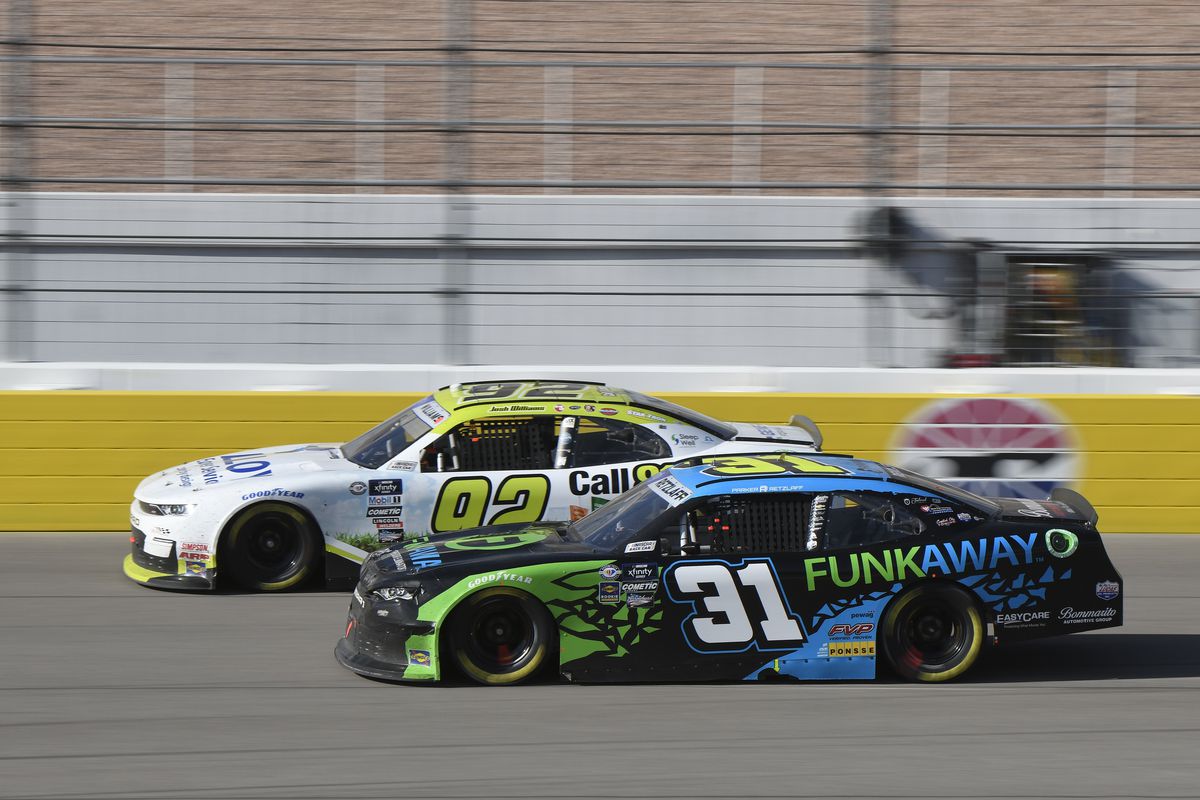 Josh Williams (#92 DGM Racing Call 811/Alloy Employer Chevrolet) and Parker Retzlaff (#31 Jordan Anderson Racing FUNKAWAY Chevrolet) race onto the front stretch during the NASCAR Xfinity Series Alsco Uniforms 300 on March 4, 2023, at the Las Vegas Motor Speedway in Las Vegas, Nevada.