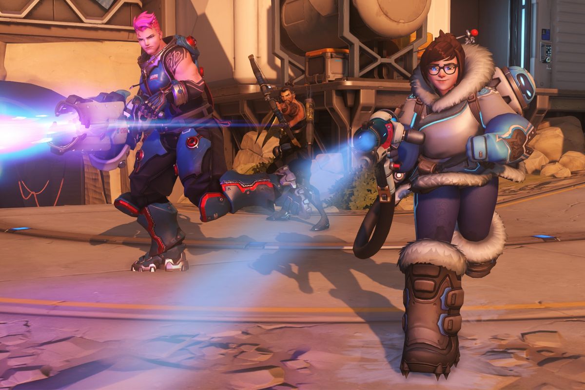 Mei and Zarya fire their weapons on Gibraltar in a screenshot from Overwatch