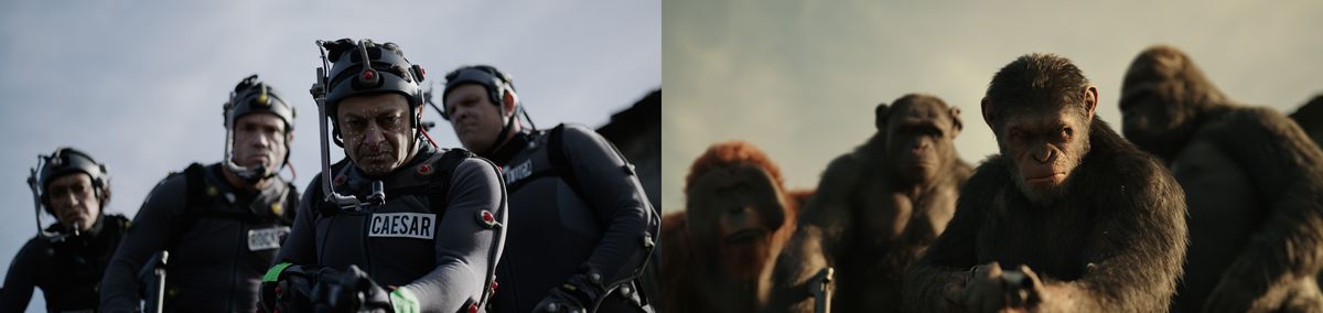 From left to right: Karin Konoval  (Maurice), Terry Notary (Rocket), Andy Serkis (Caesar), and Michael Adamthwaite (Luca) on set for War of the Planet of the Apes