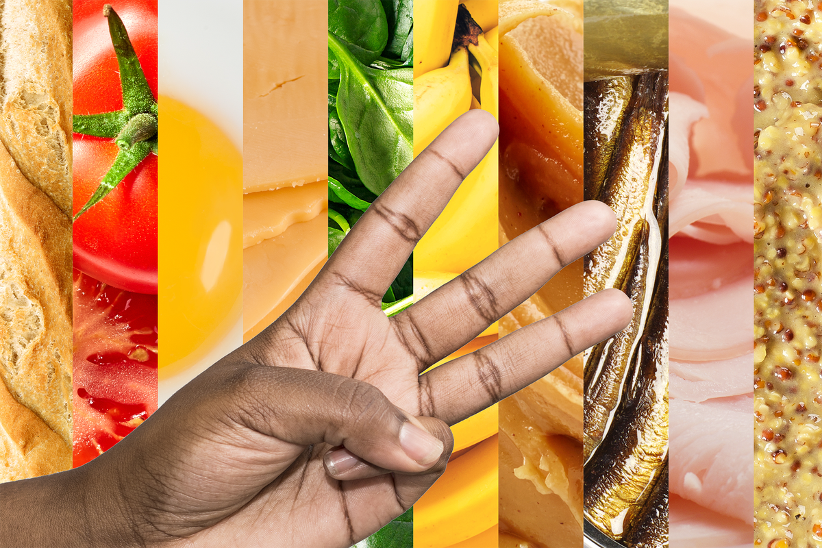 Illustration of a hand holding up three fingers atop a background spliced with various sandwich ingredients: lettuce, ham, tomato, egg, and mustard among them.