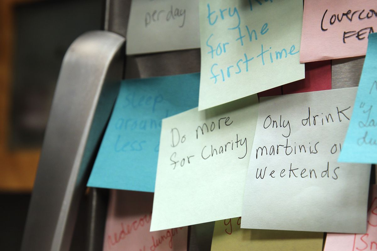 Photo illustration of post-it notes with New Year’s resolutions in San Francisco, Calif., on Wednesday, December 23, 2015