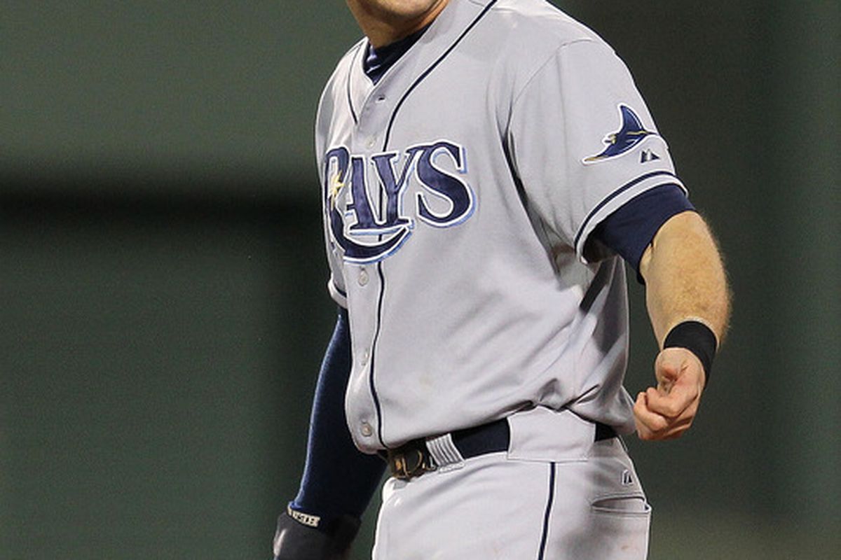 BOSTON, MA - SEPTEMBER 15: Evan Longoria #3 of the Tampa Bay Rays reacts after is he tagged out trying to steal against the Boston Red Sox at Fenway Park September 15, 2011 in Boston, Massachusetts. (Photo by Jim Rogash/Getty Images)