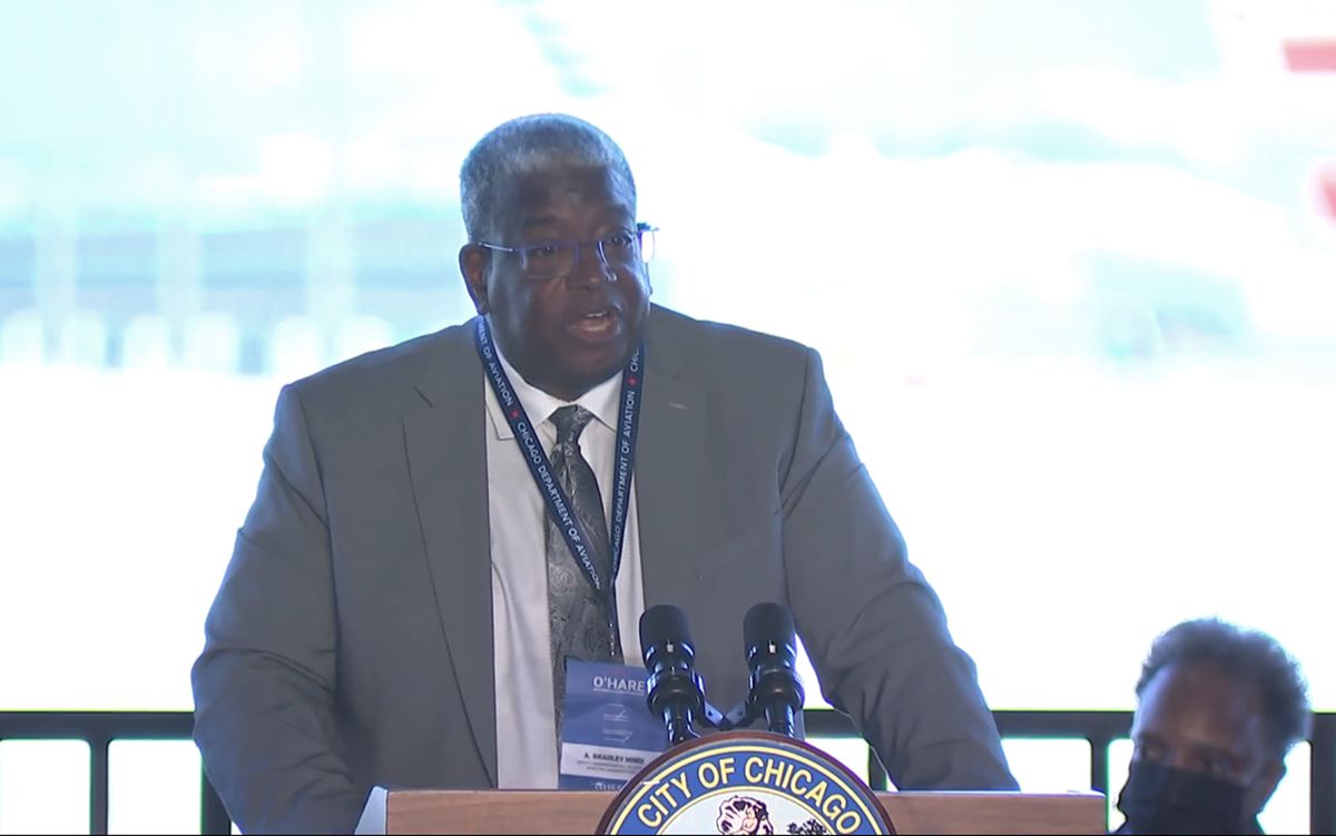 A. Bradley Mims of the Federal Aviation Administration was among those who spoke Thursday, Sept. 9, 2021  at an event marking the official completion of a project to realign O’Hare International Airport’s runways.