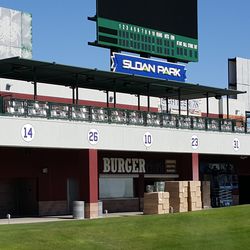 Cubs (and Jackie Robinson) retired numbers on the left field facade -