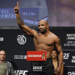 Yoel Romero points to the crowd at UFC 225 weigh-ins.